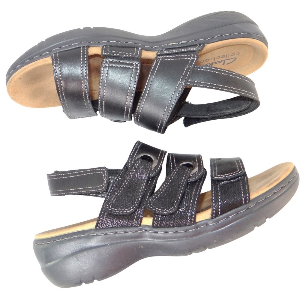 Clarks Collection Leisa Vine Black Leather Adjustable Sandals Womens 8.5 M w\box